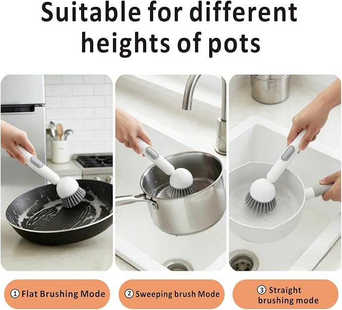 QMUNLLO 360° Rotating Dish Brush with Soap Dispenser, Non-Slip Long Handle Kitchen Scrubber Cleaning Set with Towel and Wall Hook, Ideal for Sink, Pans, Pots Cleaning(Green)