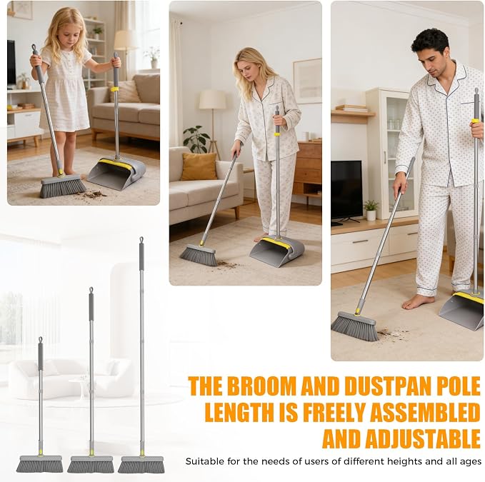 Broom and Dustpan Set, 61-Inch Adjustable Handle, Standing Dustpan | 180° rotating head reaches under furniture; comb teeth remove pet hair and dust for easy indoor and outdoor floor cleaning.