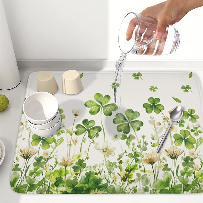 St Patrick's Day Green Clover Dish Drying Mat 18x24 Inch | Shamrock，Polyester，Absorbent Microfiber，for Kitchen Coffee Dining Bar Decor
