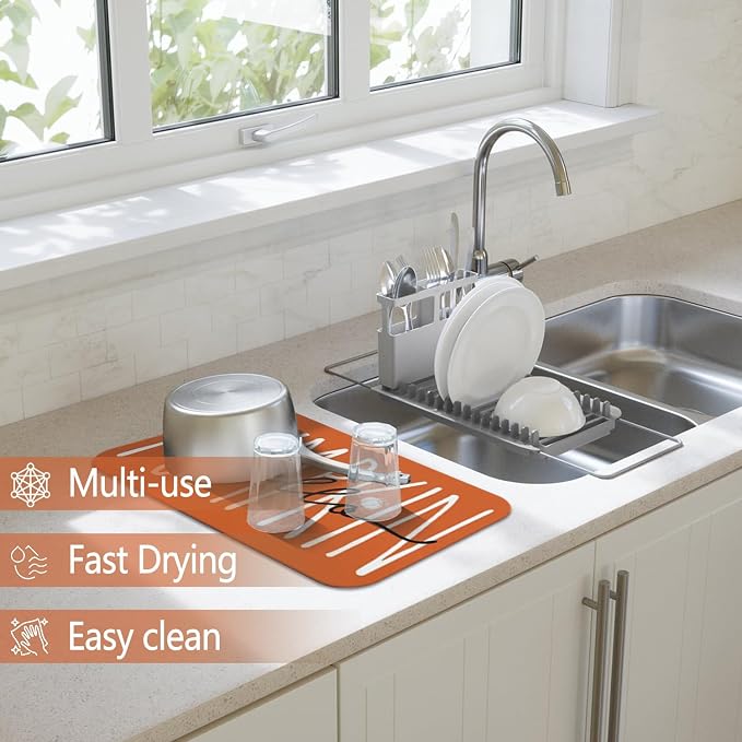 Fall Dish Drying Mat 2-Pack Orange Pumpkin for Kitchen Counter Dishes Mat | Diatom Mud Mats (18x24, 19.5x12"). Non-slip rubber back for kitchen counter, coffee bar & sink scenes
