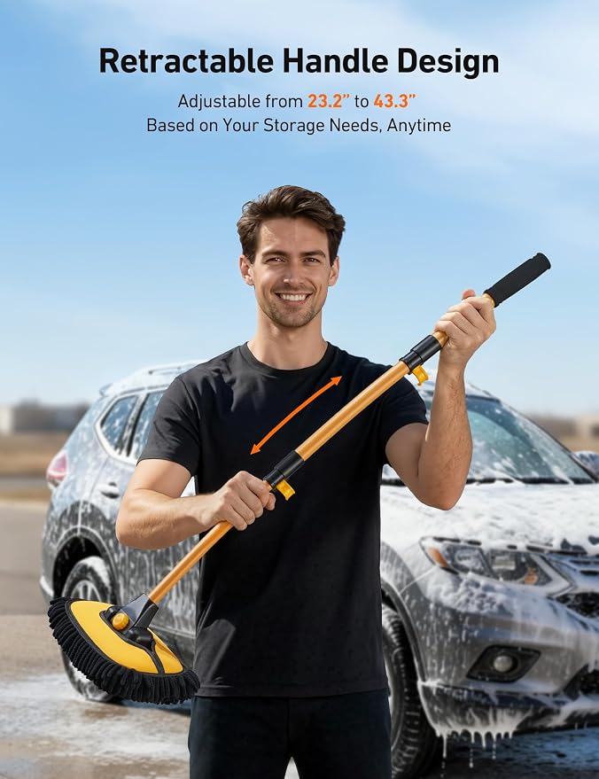 AstroAI 15°Curved Car Wash Brush with 43" Long Handle and 90° Rotating Replaceable Brush Head, Car Wash Kit with Microfiber Towel and Tire Brush for Car, SUV, RV, Floor Cleaning, Yellow
