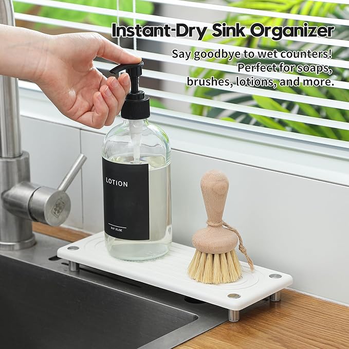 Razborci Water Absorbing Stone Sink Caddy, Diatomite Kitchen Sink Organizer, Bathroom Counter Tray, Faucet Drying Mat Coaster Soap Dish Rack Riser Dispenser Sponge Holder, Silver, White 10" x 4"