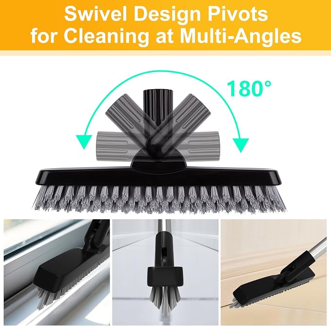 2 Pack Grout Brush with Long Handle, Swivel Cleaning Grout Line Scrubber - Extendable Durable Handle Grout Cleaner Brush for Bathroom,Tile,Baseboard,Walk in Shower,Corner & Narrow Space (Black)