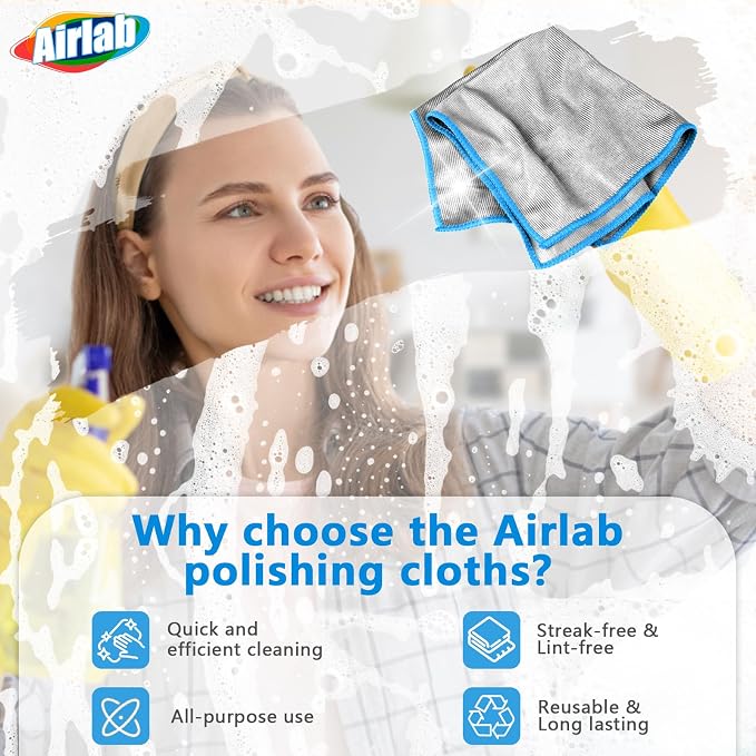 Airlab Glass Polishing Streak Free Miracle Cleaning Cloth, Sliver-Blue | Lint Free Microfiber Cleaning Rags for Glasses Kitchen Dish Mirrors Easy Clean, 12 x 12 Inches, Pack of 6