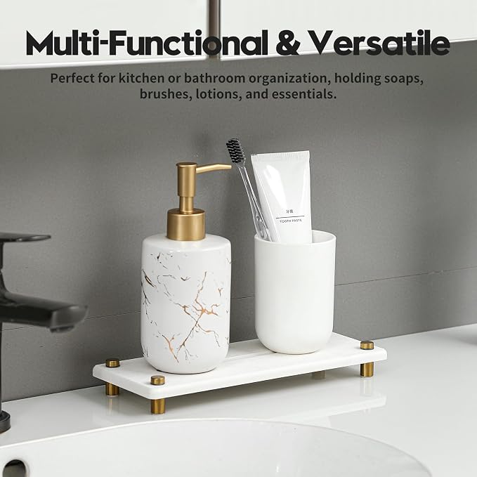 Razborci Water Absorbing Stone Sink Caddy Kitchen Sink Organizer Tray, Diatomite Bathroom Counter Tray, Gold Faucet Drying Mat Coaster Soap Dish Rack Riser Dispenser Sponge Holder, White 10" x 4"