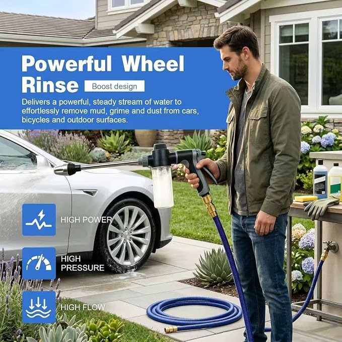High Pressure Hose Nozzle with 4 Spray Modes, Adjustable Water Spray Gun, Metal Garden Hose Sprayer for Car Wash, Plant Watering, Patio & Outdoor Cleaning (Sprayer Kit with 3 Connectors & Foam Cannon)