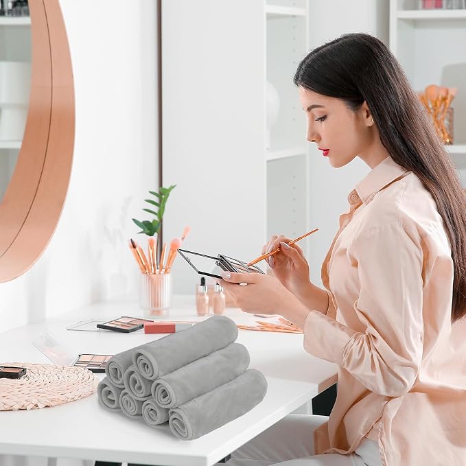 Nugilla Makeup Remover Cloths, 8 Packs Makeup Remover Towels Reusable Face Wash Cloth, Soft Microfiber Face Cloth for Women(Light Grey)
