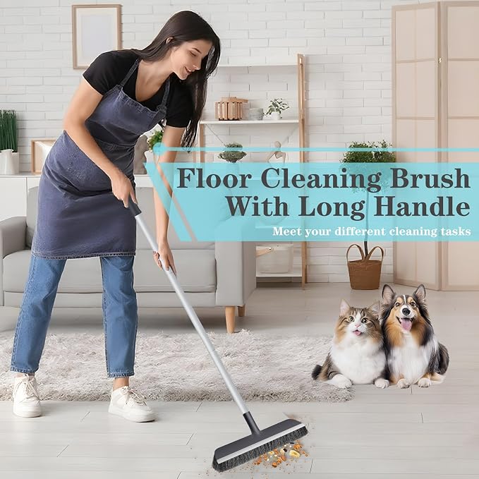 AONEZ Floor Scrub Brush with Long Handle - Adjustable Handle 2 in 1 Scrape and Heavy-Duty Stiff Bristle Floor Scrubber Brush for Cleaning Bathroom, Kitchen Patio Tile Garage and Deck