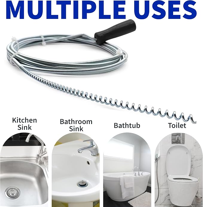 Metal Plumbers Snake for Drains, Sink, Pipe | 10 ft Small Thin Drain Snake Tool for Kitchen, Bathroom RV Toilet, AC Drain Line Unclogger