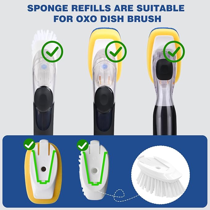 Sponge Brush Refills for OXO Soap Dispensing Dish Brush 6 Pack Refill Heads | Scrub Replacement Head for Scrubber Non-Scratch Sponge Replacement Head Fits Soap Dispensing Handle for Pots Pans Sink