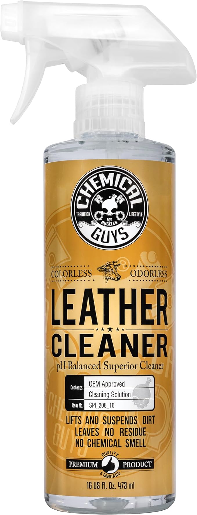 Chemical Guys, Colorless & Odorless Leather Cleaner, Car Interiors, 16 oz | Gentle, colorless cleaner lifts dirt from natural, synthetic and faux leather seats, furniture and apparel