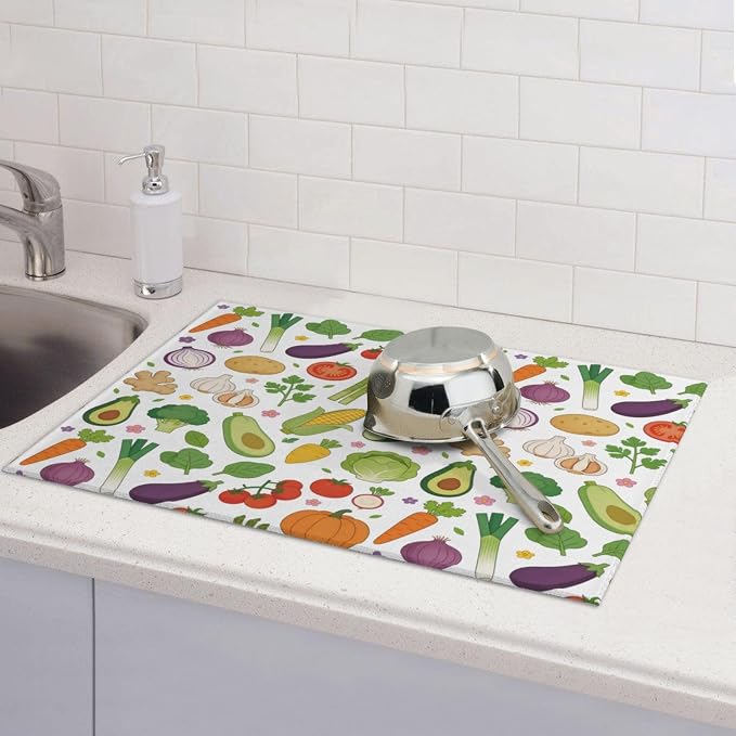 Vegetables Dish Drying Mat, for Farmhouse Kitchen Counter Microfiber Absorbent, Dish Draining Mat Extra Large 18"x24"