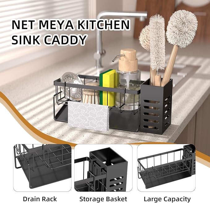 Kitchen Caddy Sink Organizer,Sponge Holder with Dish Brush Holder,Sponge Caddy Soap Dispenser Storage,304 Stainless Steel Kitchen Sink Accessories Over the Sink Shelf