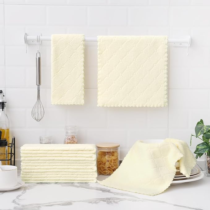 Homaxy 12 Pack Dish Towels for Kitchen (10 x 20 Inches, Cream Yellow), Super Soft and Absorbent Coral Velvet Dish Cloths for Washing Dishes, Nonstick Oil Fast Drying Microfiber Cleaning Cloth