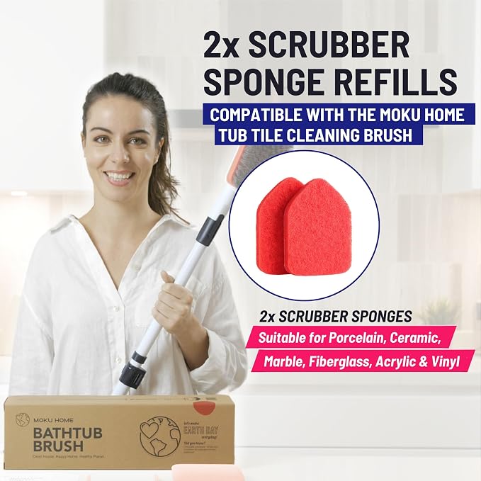 Scrubber Sponge Refill for 3 in 1 Moku Home Shower Scrubber, 2-Pack (Red) | Non-Scratch Pads for Tub, Tile, Sink, Shower, Kitchen, Wall & Floor; for Moku Home Extendable Long-Handle Bathroom Brush