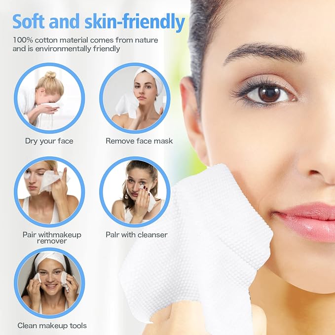 300 Count Disposable Face Towel,Thickening Ultra Soft Washcloths,Facial Cotton Tissue,Lint-free cotton dry wipes Multi-Purpose for Skin Care,Make-up Wipes,Face Wipes and Facial Cleansing