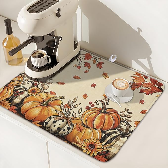 Fall Orange Pumpkin Dish Drying Mat for Kitchen Counter 16 x 18 Inch Autumn Maple Leaf Dish Drainer Mat Absorbent Microfiber Thanksgiving Harvest Dish Rack Pad for Coffee Dining Bar Decor