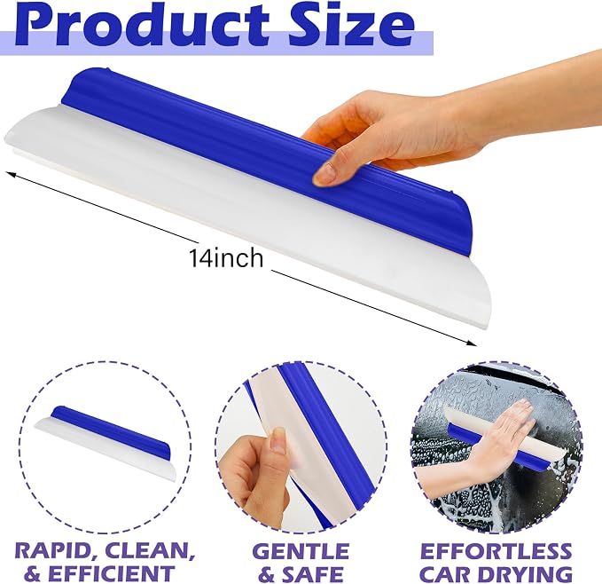 2 Pack 14 Inch Car Drying Squeegee Blue Longer Silicone Water Squeegee Window Shower Blade Automotive Squeegees Flexible Auto T-bar Rubber Squeegees for Car Windshield Glass Bathroom Wash Tool