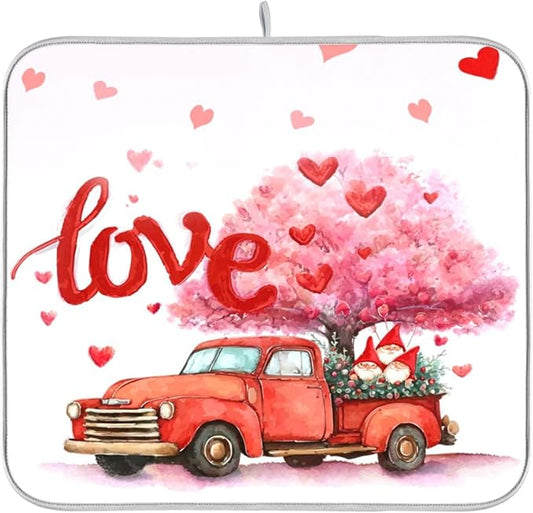 Valentine’s Day Love Tree Dish Drying Mat for Kitchen Countertop 16x18 Happy Valentines Day Gnomes White Small Drying Mat Reusable Quick Dry Dish Sink Mats Easy Clean Decorative Essentials