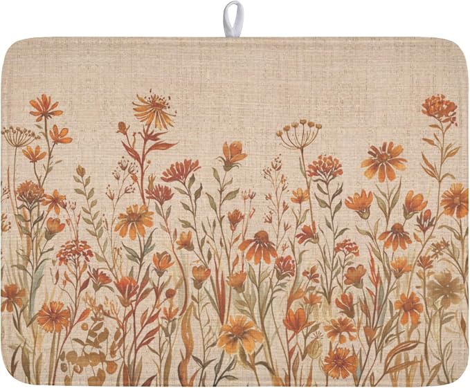 Fall Floral Dish Drying Mat for Kitchen Counter 18 x 24 Inch Autumn Sunflower Dish Drainer Mat Absorbent Microfiber Thanksgiving Dish Rack Pad for Coffee Dining Bar Kitchen Decor