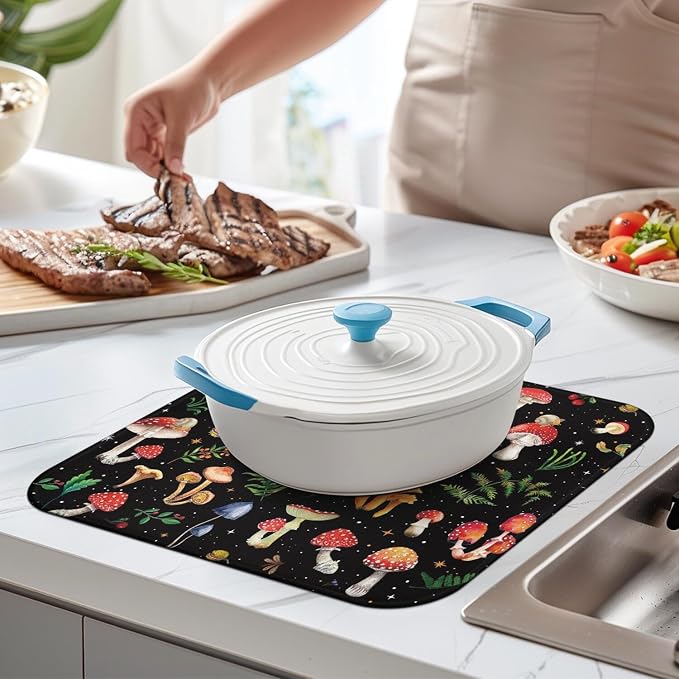 Mushroom Dish Drying Mat for Kitchen Counter Fast Absorbent Microfiber Dishes Drainer Mat for Dishes Drying Pad for Dishes, Utensils, Pots and Pans Kitchen Decor 16x18 in