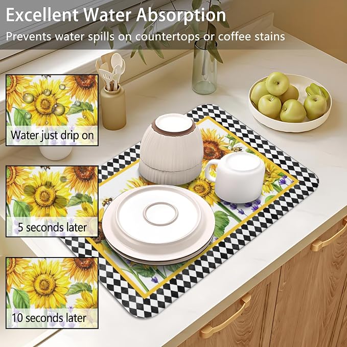 Dish Drying Mat 2-Pack in Sunflower Bee for Kitchen Counter Dishes Mat | Diatom Mud Mats (18x24, 19.5x12"). Non-slip rubber back for kitchen counter, coffee bar & sink scenes