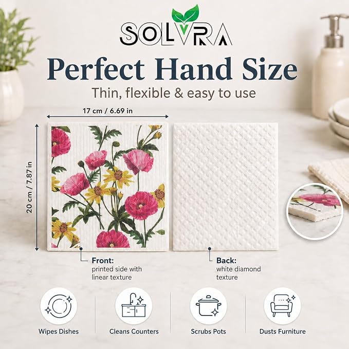 10 PCS Flower Print Swedish Dishcloths for Kitchen 100% Biodegradable, Reusable Cellulose Sponge Cloths Ultra Absorbent, Eco Friendly Cleaning Towels Dishcloths for Washing Dishes & General Cleaning