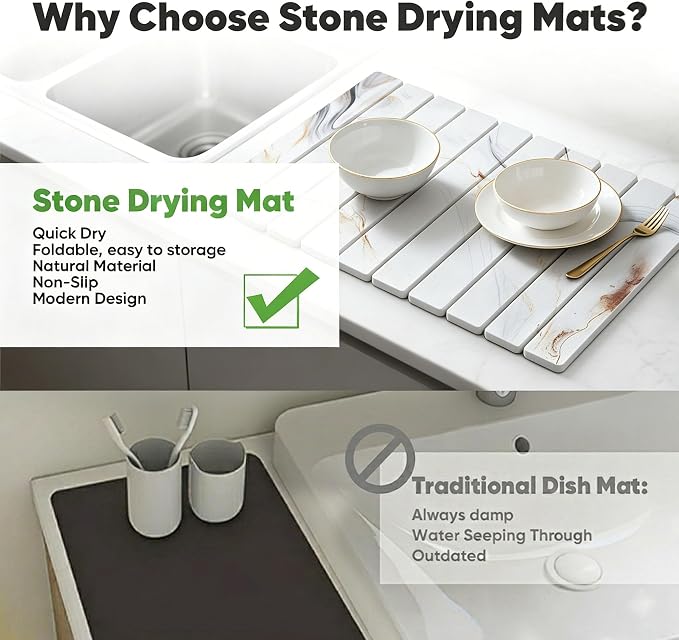 Stone Drying Mat for Kitchen Counter, Quick Diatomaceous Earth Mats for Dishes, 24"L x 16" W Super Absorbent Fast-Drying Collapsible Countertop Stone Mat (Marble White-05, 24" x 16")