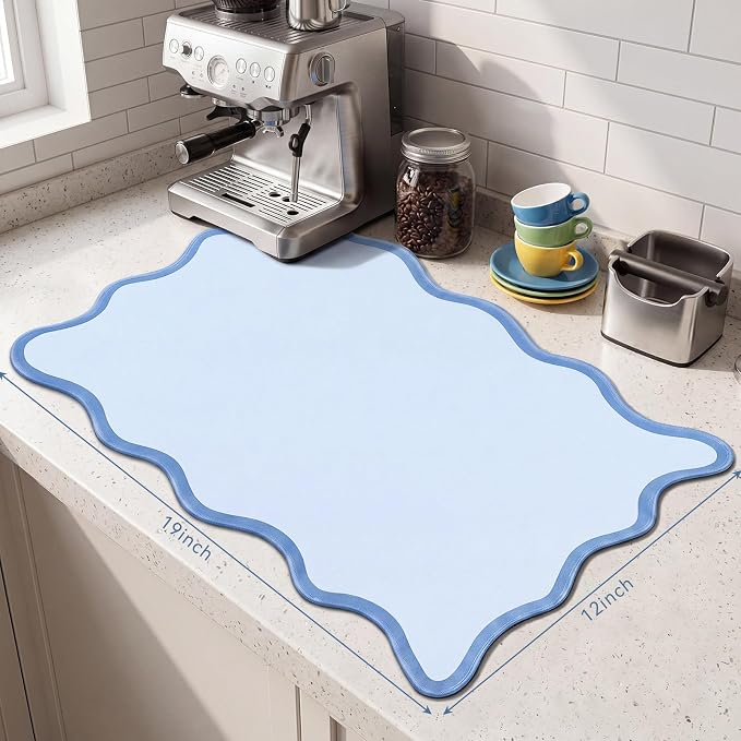 Nuanchu Blue Scalloped Dish Drying Mat for Kitchen Counter, Waterproof Easy Clean Non-slip Coffee Bar Station Accessories, Trendy Cute Aesthetic Modern Drainer Kitchen Drying Mat, 12" x 19"