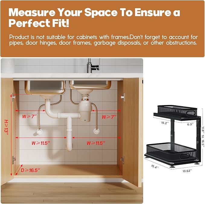 1 Pack Under Sink Storage Organizer with 2-Tier Slide Out Drawer, Sophisticated Mesh Pull Out Shelf for Kitchen & Bathroom, Fits Small Items, Upgraded Arched Track for Smooth Gliding-Black