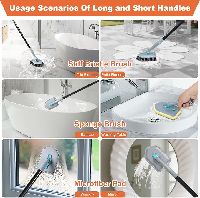 Long Handled Scrub Brush for Shower,3-in-1 Cleaning Brushes with 3 Different Function Cleaning Heads Brush for Shower Cleaning Bathroom Kitchen Walls Tub Tile (Grey)