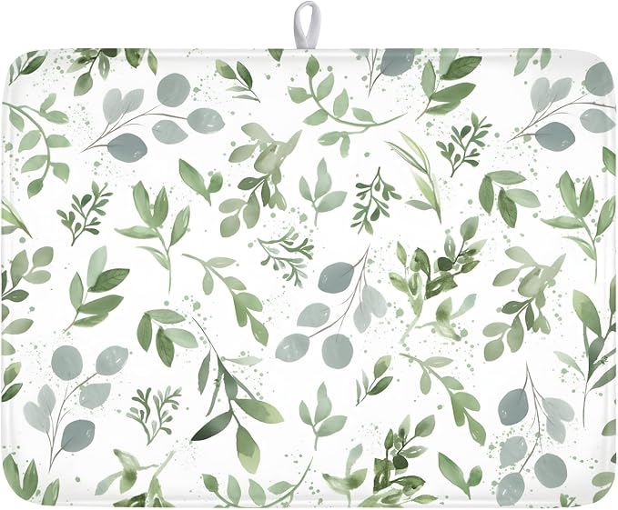 Spring Summer Sage Green Leaves Dish Drying Mat 18x24 Inch | Eucalyptus Leaf，Polyester，Absorbent Microfiber，for Kitchen Coffee Dining Bar Decor