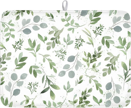 Spring Summer Sage Green Leaves Dish Drying Mat 18x24 Inch | Eucalyptus Leaf，Polyester，Absorbent Microfiber，for Kitchen Coffee Dining Bar Decor