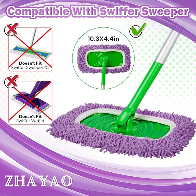 Reusable Microfiber Mop Pads for Swiffer Sweeper Mop, 6 Pack | Wet and Dry Flat mop Cover, Replacement Sweeping Mopping pad Refills for Surface/Hardwood Floor Cleaning