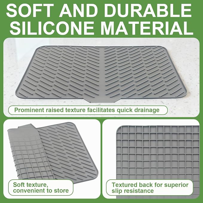 Silicone Drying Mat, 23"X17" With Built-in Drain Lip,Heat-Resistant,Eco-friendly,Hygienic Drying Pad,Leak-Proof and Non-Slip,Silicone Dish Drying Mat for Kitchen Counter or Sink（Gray 23X17）