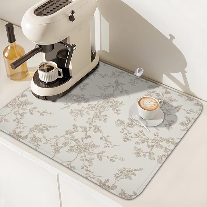 Brown and Cream Chinoiserie Floral Dish Drying Mat 16x18 Inch | Polyester，Absorbent Microfiber，for Kitchen Coffee Dining Bar Decor