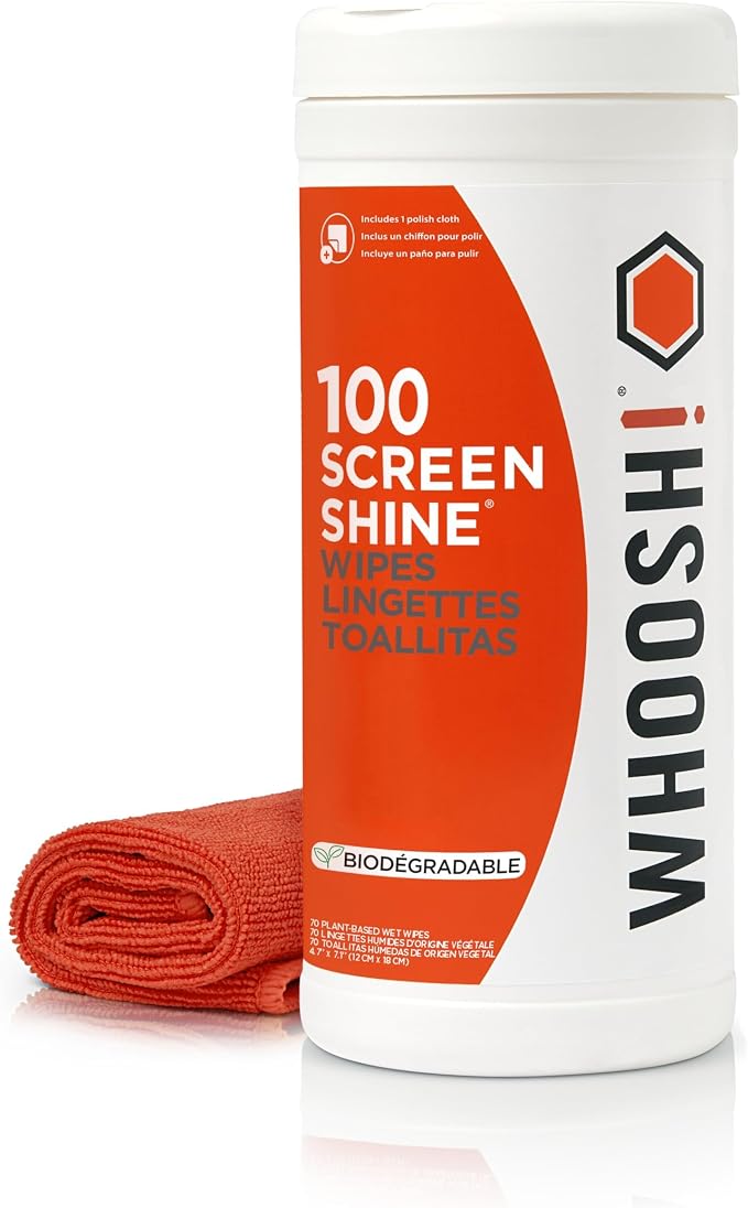 WHOOSH! Screen Shine 100 Count Touch Screen Cleaner Wipes for Car, OLED, TV, Eyeglasses, Laptop – Lint-Free, Non-Abrasive Wipes – Streak-Free Finish – Non-Toxic & Odorless – Microfiber Cloth Included