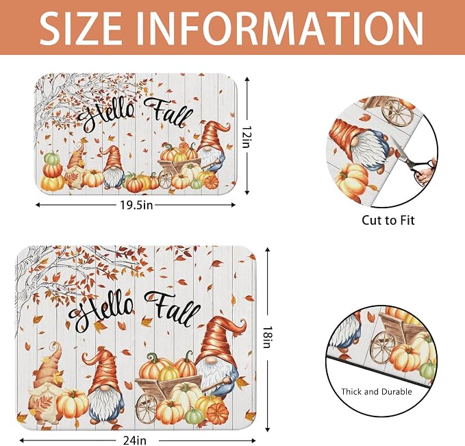 Fall Dish Drying Mat 2-Pack Gnomes Pumpkin for Kitchen Counter Dishes | Diatom Mud Mats (18x24, 19.5x12"). Non-slip rubber back for kitchen counter, coffee bar & sink scenes