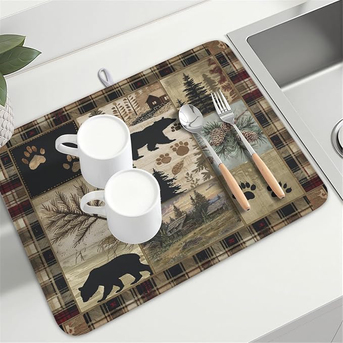 Giwawa Black Bear Dish Drying Mat Forest Cabin Decorative Dishes Pad 18x24 Inch Absorbent Fast Dry Dish Drainer Rack Mats for Kitchen Counter Sink