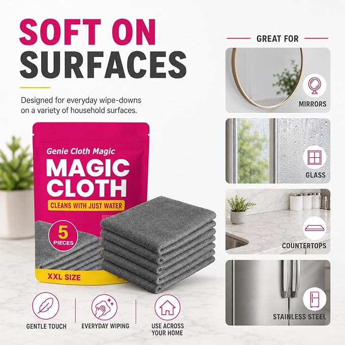 5 PackGenie Cloth Magic Cloth,Genie Magic Cleaning Cloth,Lint Free MicrofiberCleaning Cloths for Glass, Window, Kitchen,Stainless Steel,Cars & Screens,Reusable,5-Pack (1PCS)
