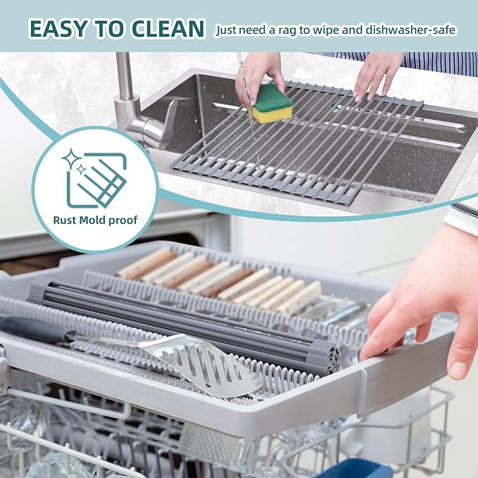 Ohuhu Roll Up Dish Drying Rack, Over The Sink Multipurpose Roll-Up Dish Racks, 16.5" W x 13" L Rolling Heat-Resistant Anti-Slip Silicone Coated Dish Drainer Portable Foldable for Kitchen Counter