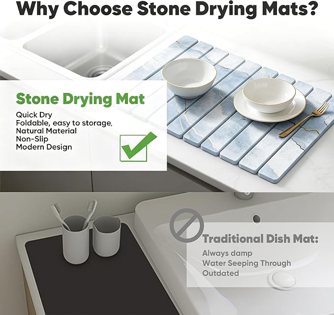 Stone Drying Mat for Kitchen Counter, Quick Diatomaceous Earth Mats for Dishes, 24"L x 16" W Super Absorbent Fast-Drying Collapsible Countertop Stone Mat (Marble White-09, 24" x 16")