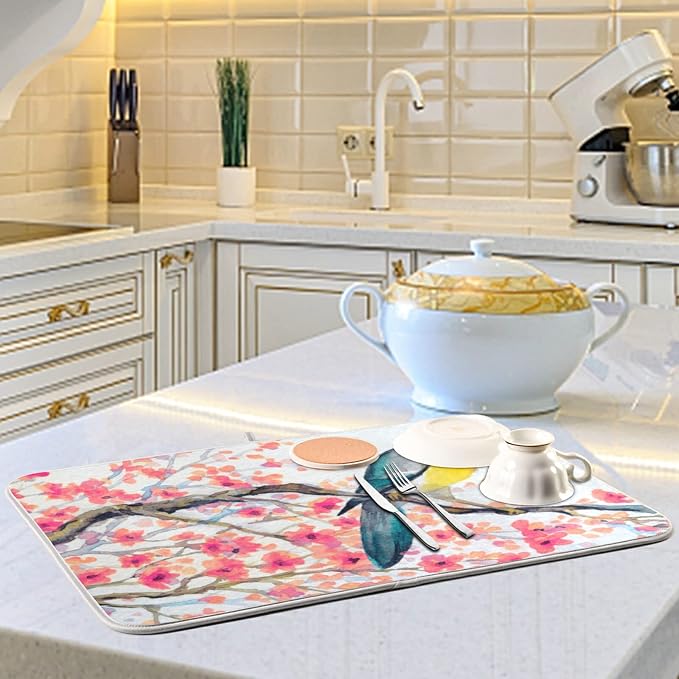 Absorbent Dish Drying Mat for Kitchen Counter - Watercolor Flowers and Birds Microfiber Drying Pad, Reversible Drainer Mats for Countertop, Small 16 x 18 inch