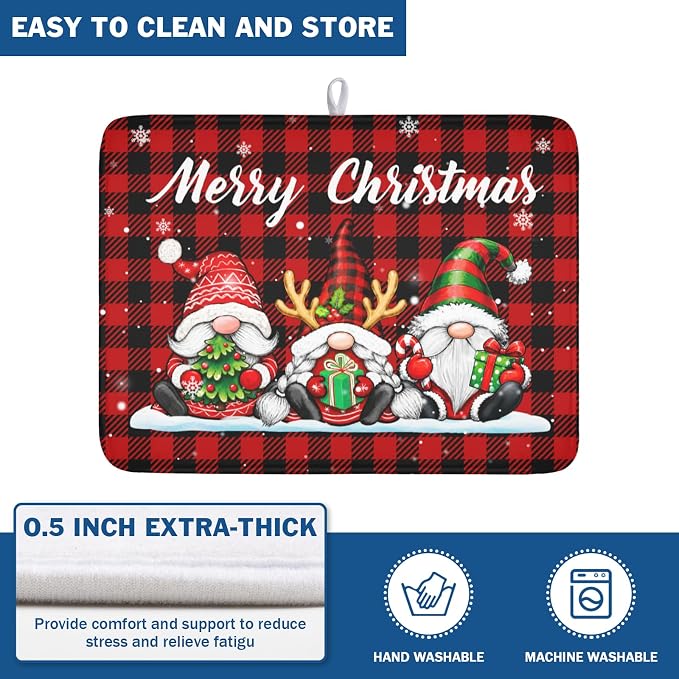 Merry Christmas Dish Drying Mat 18x24 Inch Xmas Santa Claus Winter | Polyester，Absorbent Microfiber，for Kitchen Coffee Dining Bar Decor