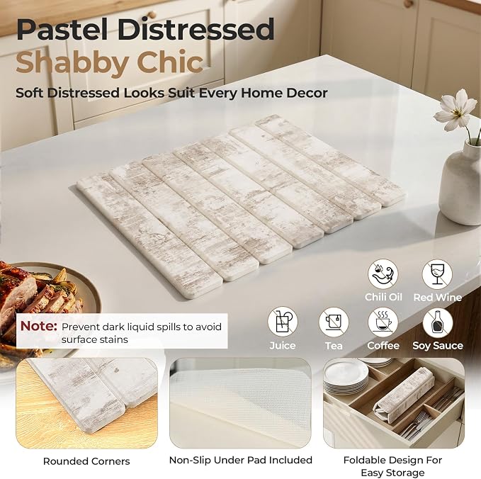 Findosom Stone Dish Drying Mat for Kitchen Counter, 15.7" × 11.8" Foldable Non-Slip Stone Drying Mat with Abstract Pattern, Heat Resistant Diatomaceous Earth Mat for Bath, Dishes, Cups, Beige