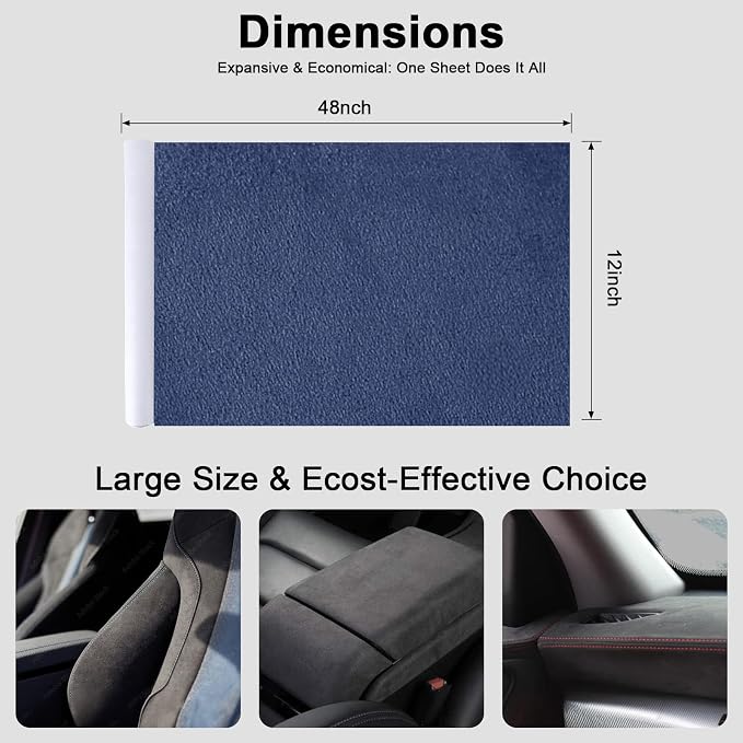 Premium Blue Suede Fabric Wrap - 12x48 inch Suede Wrap for Car Interior - Self-Adhesive Microfiber and Synthetic Leather, Stretchable Interior Film for Car and Home Decor