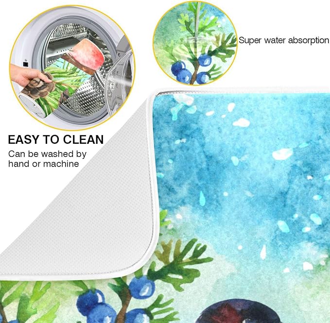 Absorbent Dish Drying Mat for Kitchen Counter - Winter Snow Blue Bird Microfiber Drying Pad, Reversible Drainer Mats for Countertop, Large 18" x 24"