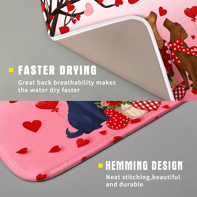 Love Dog Dish Drying Mat 16"x18" Red Heart Microfiber Dish Drainer Mat Hanging Loop Absorbent Fast Dry Pad Kitchen Counter Bar Accessories