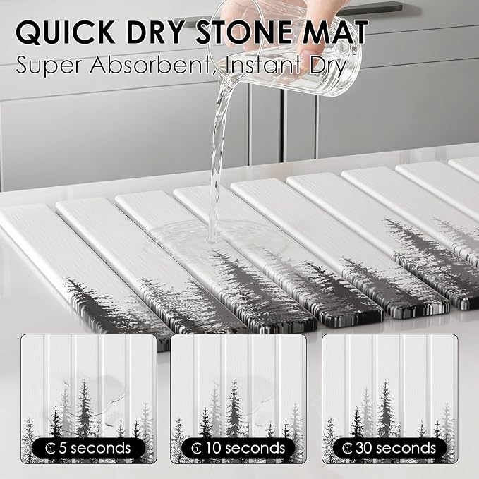 4-Piece Large Stone Dish Drying Mat for Kitchen Counter, 24"x16" Super Absorbent Diatomaceous Earth Drying Mat Set with Faucet Mat & Small Utility Mat, Rollable Quick Dry Pad for Dishes, Cups, Bottles