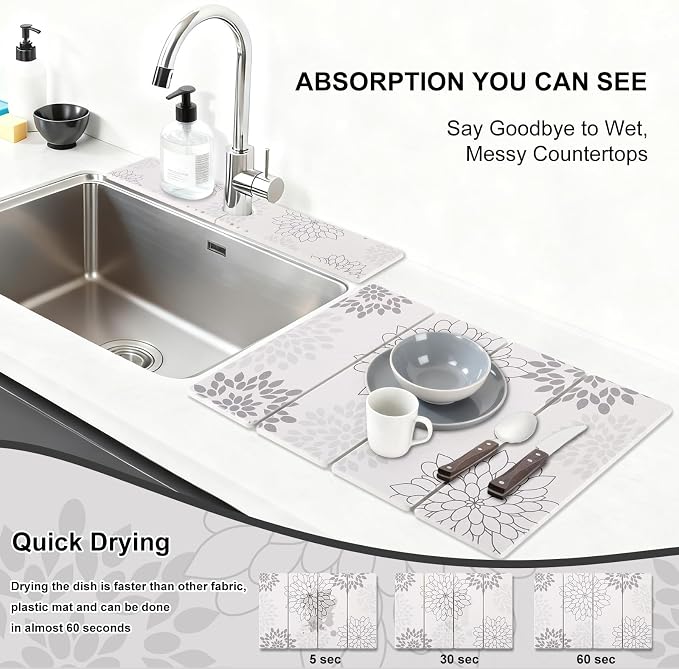 Stone Drying Mat for Kitchen Counter 3-Pack, Soft Diatomaceous Earth Absorbent Mat Set, Quick Dry Stone Faucet Splash Guard & Small Drying Pad, Foldable Diatomite Stone for Pet, Plant & Bath